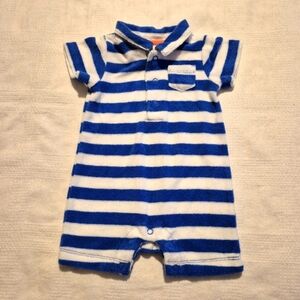 Baby Boden boys 3-6 months blue & white striped terry romper EUC